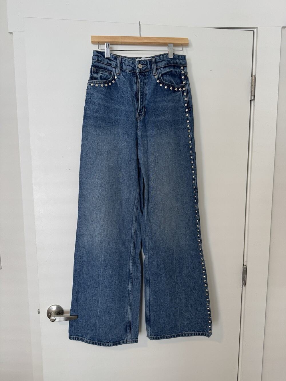 Reformation High Rise Slouchy Wide Leg Studded Blue Denim Jeans Cotton